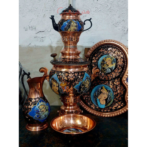 نمای تمام‌نمای سماور ۴ لیتری مسی الماس تراش و مینیاتور نانو شده، محصول عرضه‌شده در هنرظریف.