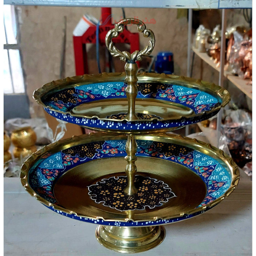 شیرینی خوری تمام برنجی میناکاری دو طبقه سنتی و زیبا