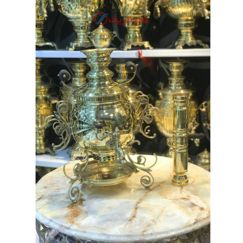 سماور زغالی برنجی، 6 لیتر، مدل 3 پایه روسی، مهر روسی