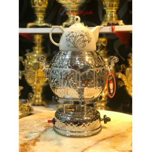 سماور گازی برنجی، 6 لیتر، تخم مرغی، 3 کاره، هم روگازی هم سماور، شیر استاندارد_ هنرظریف