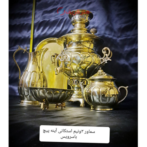 سرویس پنج تکه سماور زغالی برنجی 3.5 لیتری استکانی آینه_ هنرظریف