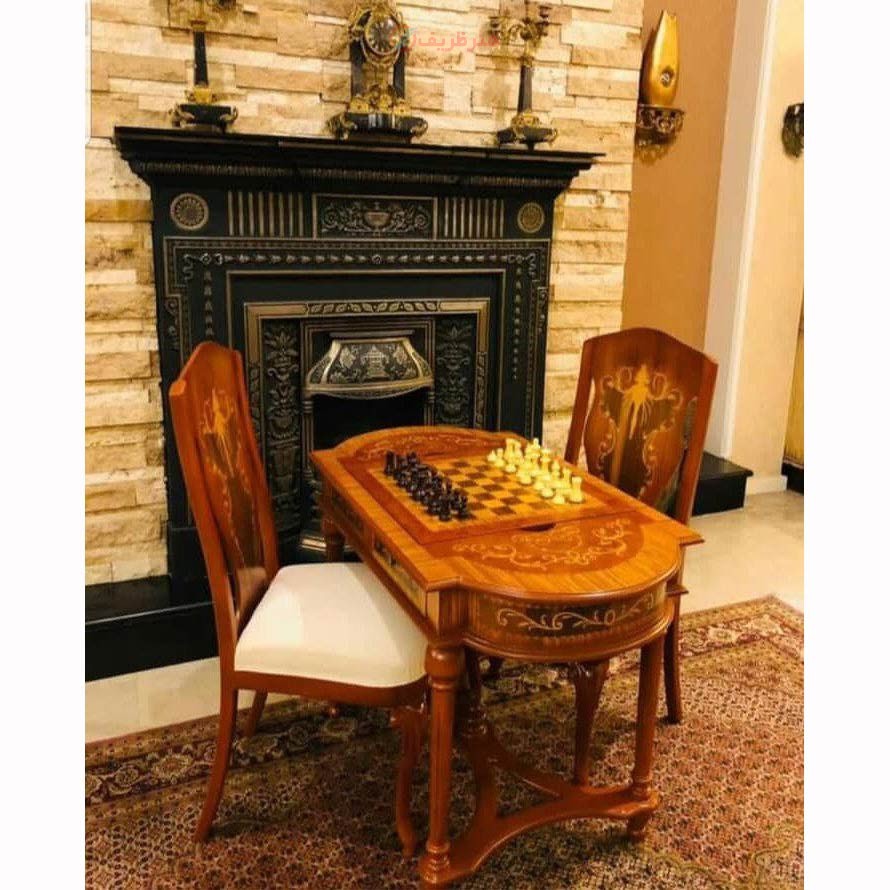 میز شطرنج و تخته نرد معرقکاری شده با دو صندلی، مناسب منزل، بسیار زیبا و شیک، با کیفیت بالا