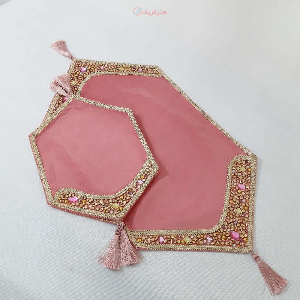 ست سه تکه رومیزی دست دوز سنگ دوزی پارچه مخمل