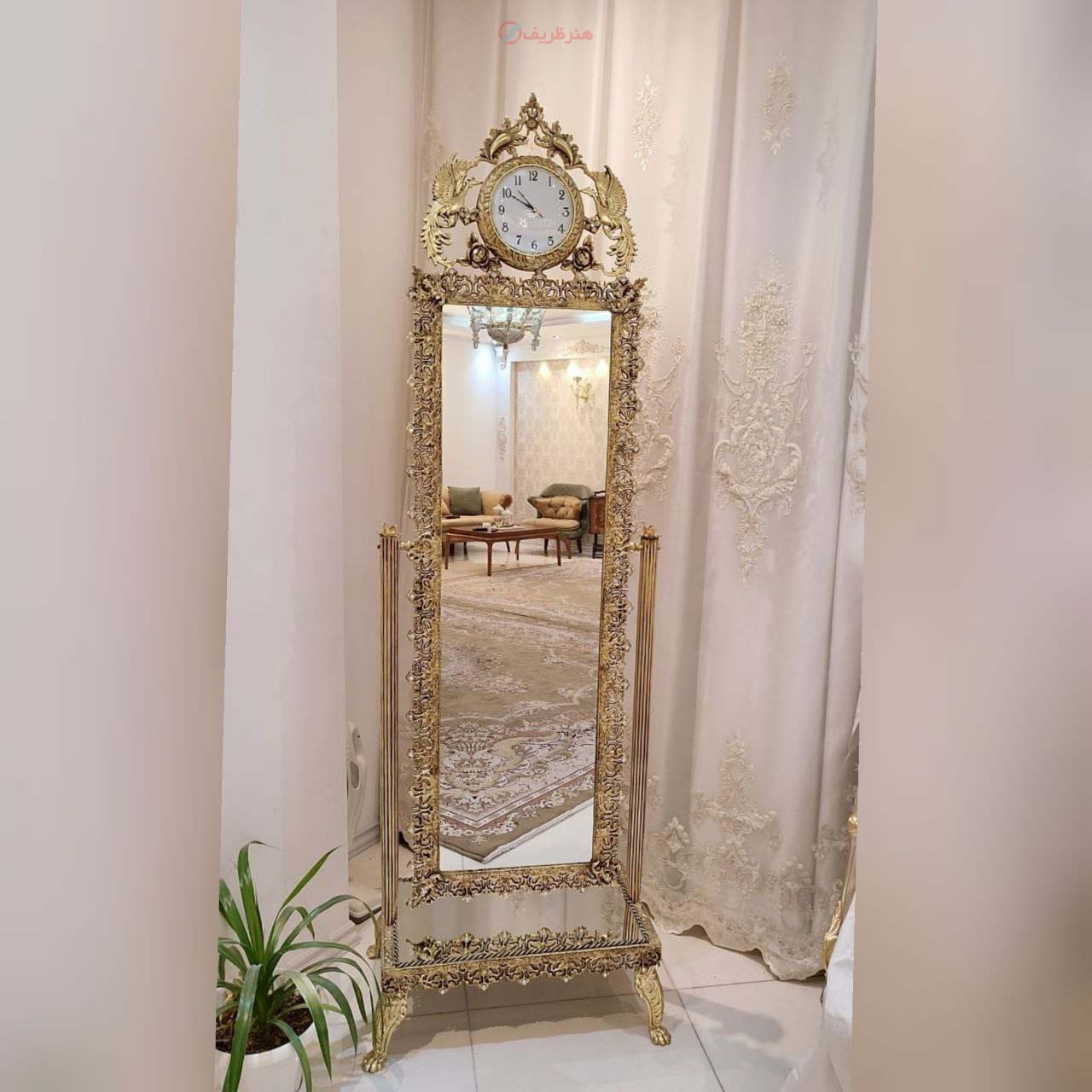 آینه قدی متحرک ساعت دار جنس آلیاژ آلومنیوم آبکاری برنز تولید اصفهان با ضمانت