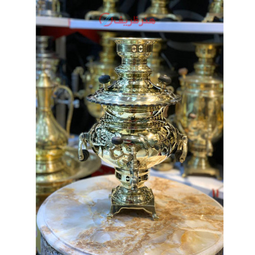 سماور زغالی 4 لیتری مدل نگین، دسته خواب، لبه ریخته، مهر روسی، جنس برنجی_ هنرظریف