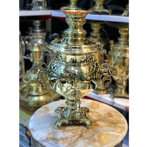 سماور زغالی 10 لیتری مدل نگین، دسته طوری سفارشی، پایه پانچ، کاملا برنج