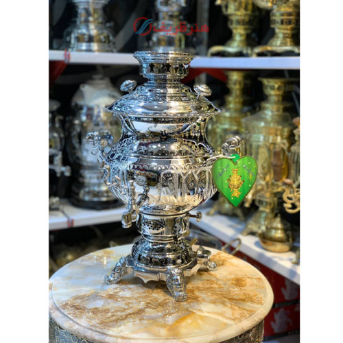 سماور گازی برنجی 6 لیتری مدل نرگس، لبه ریخته، قلم کاری شده سفارشی_ هنرظریف