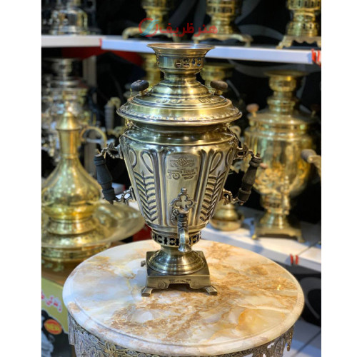 سماور زغالی 6 لیتری مدل کاپ دار، کاملا برنجی، آنتیک شده سفارشی