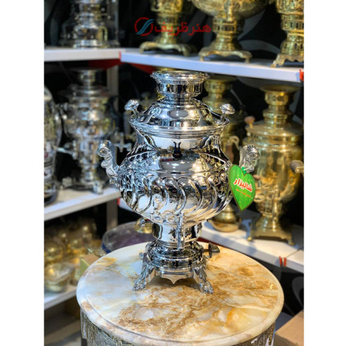 سماور گازی 8 لیتری مدل گلابی ترک دار، آب کروم شده درجه 1