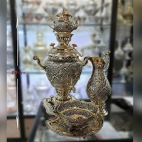 خرید، قیمت و مشخصات ست کامل سماور برنجی قلمزنی 6 لیتری، قلم دست اعلاء و سیاه قلم، زیر قیمت بازار | هنرظریف