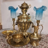 خرید و قیمت سرویس سماور زغالی برنجی 7 لیتری، قلم دست اعلاء زیر قیمت بازار - هنرظریف