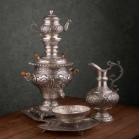 خرید و قیمت سرویس سماور برنجی 3.5 لیتری، روکش نقره با قمزنی ریزه، به قیمت تولیدی - هنرظریف
