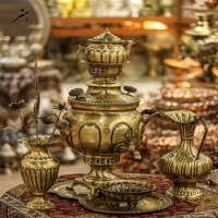 سماور زغالی - سرویس سماور برنجی 6 لیتری با پوشش نانو و آنتیک شده رنگ ثابت - هنرظریف