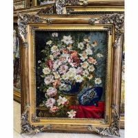 خرید تابلو فرش دستبافت، تابلو فرش دستبافت گل و گلدان، چله ابریشم پر از ابریشم، 50 رج، زیر قیمت بازار | هنرظریف