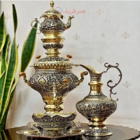 خرید، قیمت و مشخصات سرویس سماور برنجی 6 لیتری اعیانی، ذغالی و دارای پوشش محافظ رنگ زیر قیمت بازار - هنر ظریف