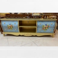 خرید، قیمت و مشخصات میز تلویزیون معرق کاری با بدنه طراحی شده و رنگ طلایی پولیشی، دارای گارانتی رنگ - هنرظریف