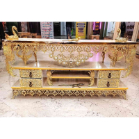 خرید، قیمت و مشخصات میز تلویزیون برنزی در طرح گل آفتابگردان دارای چهار کشو، طاووس دار ارزان و باکیفیت _ هنرظریف