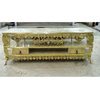 خرید، قیمت و مشخصات میز تلویزیون برنزی مدل گل آفتابگردان، سه طبقه دارای دوکشو، طاووس دار ارزان و باکیفیت _ هنرظریف