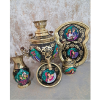 خرید، قیمت و مشخصات سرویس سماور زغالی برنجی شش لیتری الماس تراش و مینیاتور، ارزان و با کیفیت _ هنرظریف