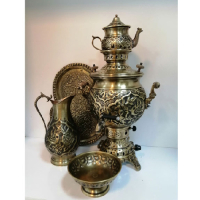 خرید، قیمت و مشخصات سرویس سماور زغالی برنجی شش لیتری طرح گل و مرغ، ارزان و با کیفیت _ هنرظریف