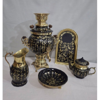 خرید، قیمت و مشخصات سرویس سماور زغالی برنجی سه و نیم لیتری مدل آینه الماس تراش، ارزان و با کیفیت _ هنرظریف