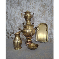 خرید، قیمت و مشخصات سرویس سماور زغالی برنجی دو لیتری مدل آینه خطی توپی، ارزان و با کیفیت _ هنرظریف