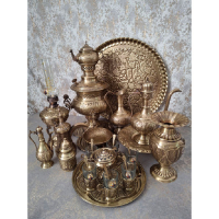 خرید، قیمت و مشخصات سرویس تمام سماور زغالی برنجی هفت لیتری مدل قلم، ارزان و با کیفیت _ هنرظریف