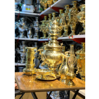 خرید، قیمت و مشخصات سماور زغالی برنجی 6 لیتری، مدل گلابی، ورق ضخیم، قلم کاری شده سفارشی دست، مهر روسیارزان و باکیفیت _ هنرظریف