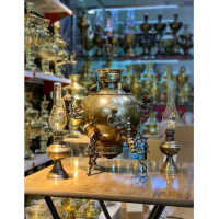 خرید، قیمت و مشخصات سماور زغالی برنجی 6 لیتری مدل جهان نما، 3 پایه، آنتیک شده سفارشی، ورق ضخیم، مهر روسی ارزان و باکیفیت _ هنرظریف