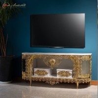خرید آنلاین، میز تلویزیون آلیاژی ویترین دار دو کشو، رنگ طلایی و صفحه ام دی اف با ضمانت 15 ماهه، زیر قیمت بازار | هنرظریف