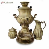 خرید آنلاین، سماور گازی برنجی کد 113 دارای سینی، پارچ و قندان در طرح ستایش با رنگ آنتیک با گارانتی، زیر قیمت بازار | هنرظریف