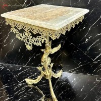خرید آنلاین، میز تلفن مربع طرح پایه ماهی و ستون فرشته بالدار، با صفحه سنگی با رنگ طلایی، با قیمت مناسب | هنرظریف