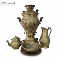 خرید آنلاین، سرویس شکیل سماور گازی برنجی با قلمزنی اعلاء طرح ترنج با کد 113 دارای گارنتی، به قیمت تولیدی | هنرظریف