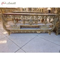 خرید، قیمت و مشخصات میز تلویزیون برنزی طرح طاووس رنگ طلایی با بدنه ی کار شده و رویه ام دی اف با دوام و با کیفیت، به قیمت تولیدی | هنرظریف