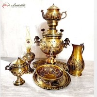 خرید آنلاین، سرویس کامل سماور برنجی ذغالی 3 لیتری تبریز با قلم زنی بسیار خاص طرح شیر، منحصر به فرد و شکیل، با قیمت عالی | هنرظریف