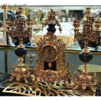 خرید آنلاین، ست ساعت و شمعدان برنزی کنت قالب اصلی، پایه هایی با سنگ مشکی مرمر، درجه یک و عالی، با قیمت مناسب | هنرظریف