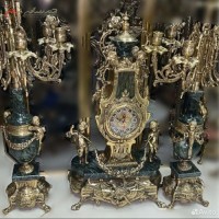 خرید آنلاین، ست ساعت و شمعدان برنزی سلطنتی، پایه دار همراه با سنگ یشمی رنگ درجه یک، سه تکه، با قیمت عالی | هنرظریف