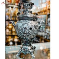 خرید، قیمت و مشخصات سماور گازی 6 لیتری تمام مس با روکش کروم و قلم زنی شده مدل گل و مرغ، زیر قیمت بازار | هنرظریف