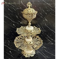 خرید آنلاین، ست پذیرایی میوه خوری و شکلات خوری از جنس برنز سه طبقه با پایه های سنگی سفید، شکیل و زیبا، با قیمت عالی | هنرظریف