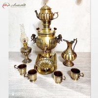 خرید آنلاین، سرویس 10 پارچه سماور برنجی ذغالی 3 لیتری تبریز در طرح زیبای خطی با دو رنگ طلایی و آنتیک، زیر قیمت بازار | هنرظریف
