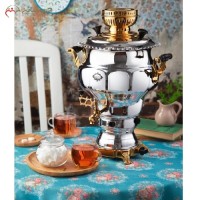 خرید آنلاین، سماور استیل گازی 6 لیتری  کد 115 مدل نقشینه و طرح شکیل سنتی با رنگ نقره ای و طلایی، پیلوت دار، دارای ضمانت، زیر قیمت بازار | هنرظریف