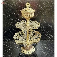 خرید آنلاین، ظرف میوه خوری و شکلات خوری برنزی در طرح گل لاله با پایه سنگی، سه طبقه شکیل، زیر قیمت بازار | هنرظریف