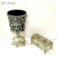 خرید آنلاین، جا دستمال کاغذی برنزی گل رز و سطل پایه دار توری، طلایی رنگ، پر کار و شکیل، زیر قیمت بازار | هنرظریف