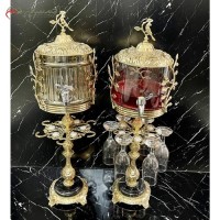 خرید آنلاین، ست شربت خوری برنزی با بدنه کریستالی اصل طرح پایه سنگی و برگ های کوچک، با قیمت عالی | هنرظریف