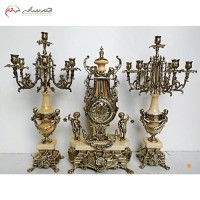 خرید آنلاین، ست ساعت و شمعدان برنزی سلطنتی، سه تکه، پایه دار همراه با سنگ پرتقالی و سنگ مرمر درجه یک، با قیمت مناسب | هنرظریف