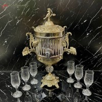 خرید آنلاین، ست شربت خوری برنزی با بدنه  کریستالی اصل در طرح استوانه ای و شامپاینی برگی بزرگ، زیر قیمت بازار | هنرظریف