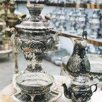 خرید آنلاین، سماور برنجی 4 لیتری ویکتوریا آبکاری نقره، لبه دار با قلم زنی سیاه فوق العاده، دست ساز، به قیمت مناسب | هنرظریف