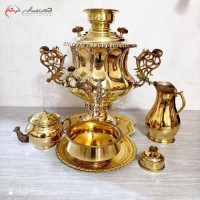 خرید آنلاین، سرویس 5 پارچه سماور برنجی ذغالی تبریز طرح شیک امپراتور روسی، رنگ طلایی درخشان، بدون تغییر رنگ، با قیمت عالی | هنرظریف