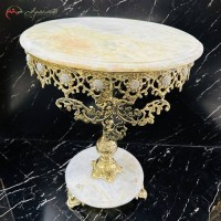 خرید آنلاین، میز اسلیمی برنزی در طرح گل آفتابگردان و پایه هایی از جنس سنگ مرمر، همراه با صفحه ی شیشه ای، قیمت مناسب | هنرظریف