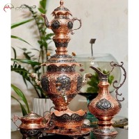 خرید آنلاین، سرویس سماور زغالی برنجی 4 لیتری و قلم زنی بی نظیر با کیفیت اعلاء، روکش آبکاری مس و نقره، زیر قیمت بازار | هنر ظریف